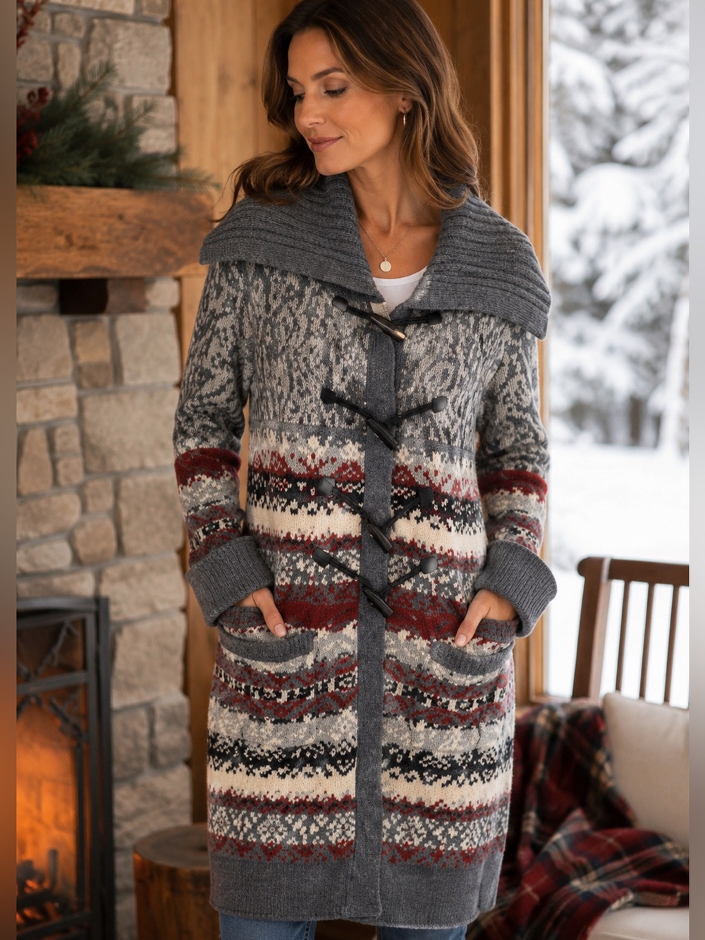 Bob Timberlake Lambswool Fair Isle Toggle Cardigan Sweater Coat Nordic M
